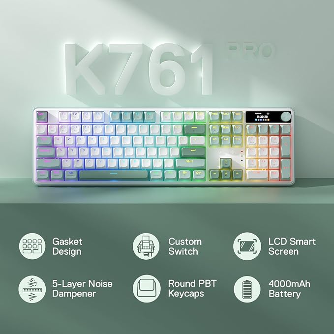 Redragon K761 PRO Wireless 104-Key Gasket Gaming Keyboard, Screen & Knob | Easy-Control LED Info Display, 0-Delay Tri-Mode, Cushioned 5-Layer Noise Dampening for Creamy Thocky Sound, Standard 104 keys - Image 2