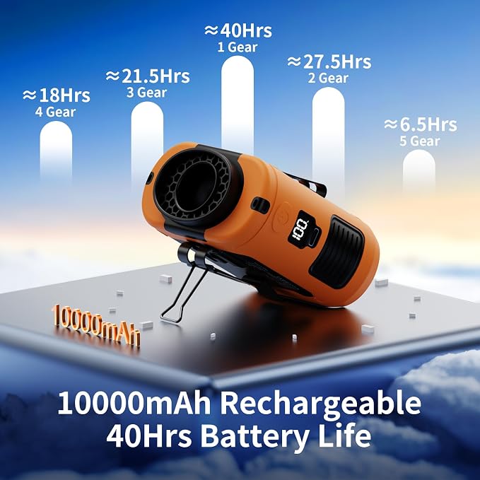 Socool 10000mAh Portable Waist Fan Clip on Wearable Belt Personal Fan Rechargeable Battery Operated with 5 Speeds & Flashlight Neck Hands-Free 40H Cooling for Outdoor Travel Power Bank (Orange) - Image 3