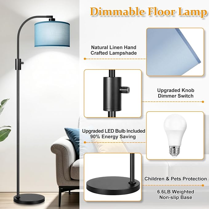 Nintiue Dimmable Black Floor Lamp, 1200 Lumens LED Edison Bulb Included, Arc Gold Floor Lamps for Living Room Modern Standing Lamp with Sky Blue Shade - Image 4