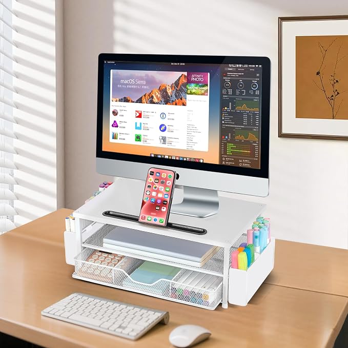 AUPSEN White Monitor Stand Riser, 2-Tier Wood Computer Desk Organizer with Drawer, Pen Storage & Phone Holder, Office Desk Accessories Desktop Organizer for Office Supplies - Image 5