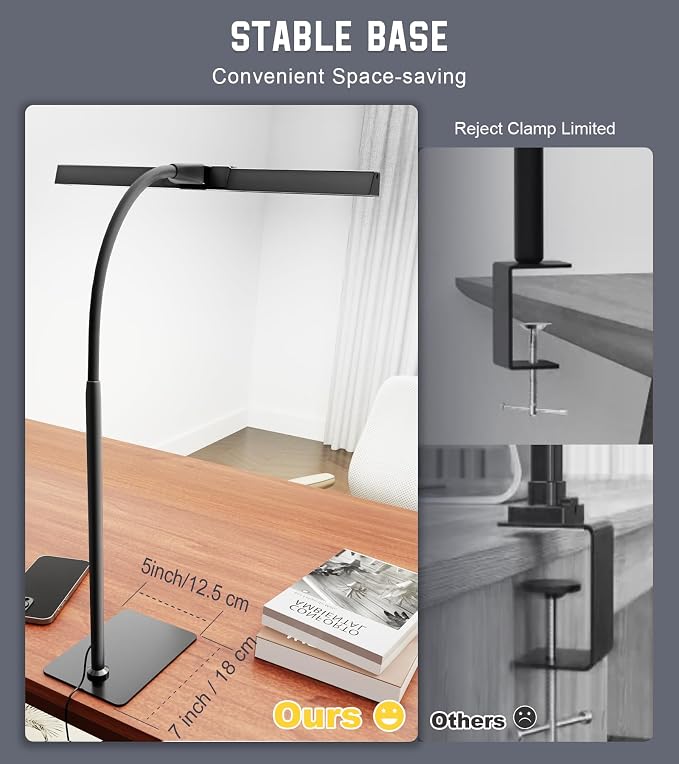 LED Desk Lamp for Home Office with Base, Eye-Caring Desk Light 12W | Tall Lamp for Computer Monitor Task Reading, Adjustable Gooseneck, 5 Dimmable Brightness & Color, USB Touch Control, Timer - Image 8