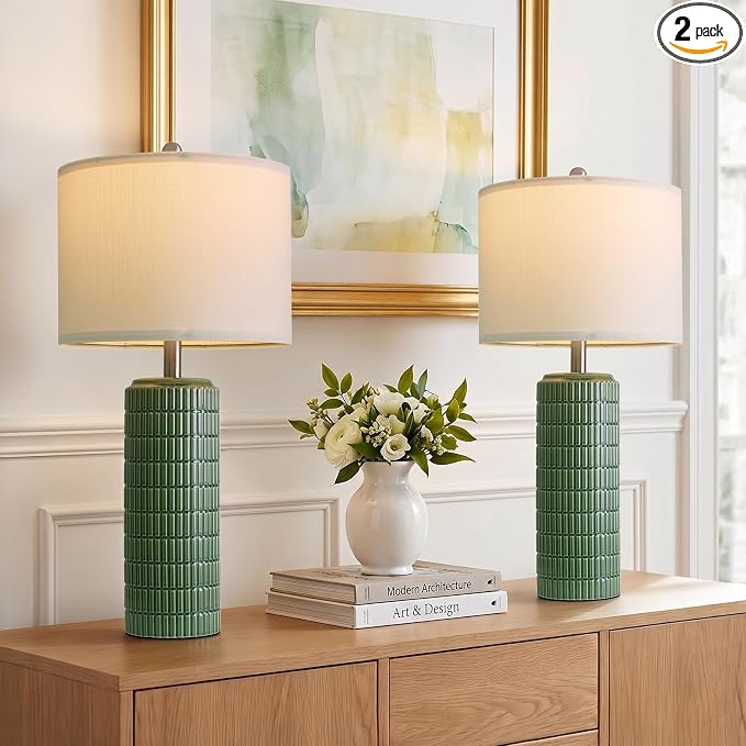 PoKat 27.5" Dark Green Ceramic Table Lamps for Living Room, Farmhouse Table Lamps Set of 2 for Bedroom Night Stands, Modern Bedside Lamps for End Side Table, Vintage Nightstand Decor Lamps Home Office by Pokat