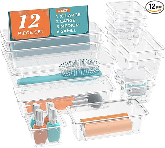 12 PCS Drawer Organizer Set, Makeup Organizers, Tool Storage Trays | 4 Sizes, Plastic, Stackable, Multiple Gadgets, Desk Drawer Divider Organizers, for Makeup, Office Supplies Storage by Unknown
