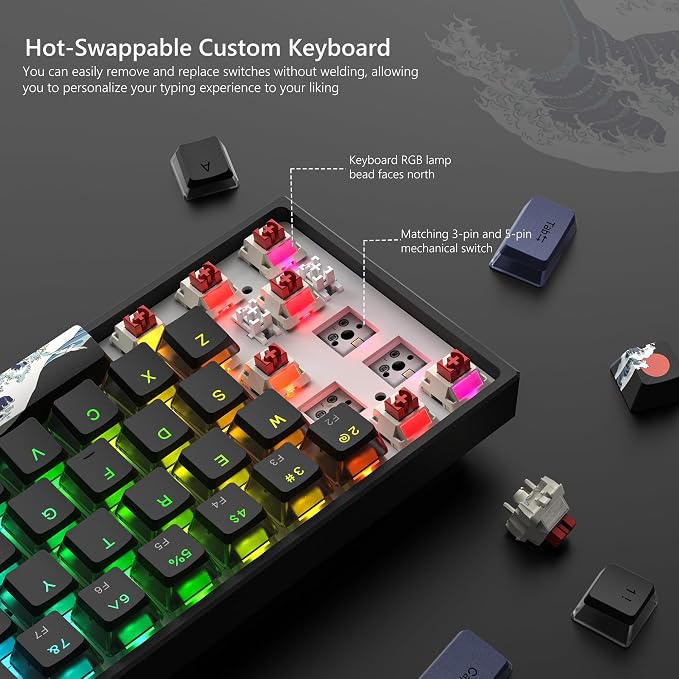 Womier 60% Percent Keyboard Gaming, Creamy Mechanical Wired Keyboard Anime | Hot-Swappable RGB Key board with PBT Keycaps for Windows PC Gamers - POM Linear Red Switch WK61 V2 Black Kanagawa - Image 3