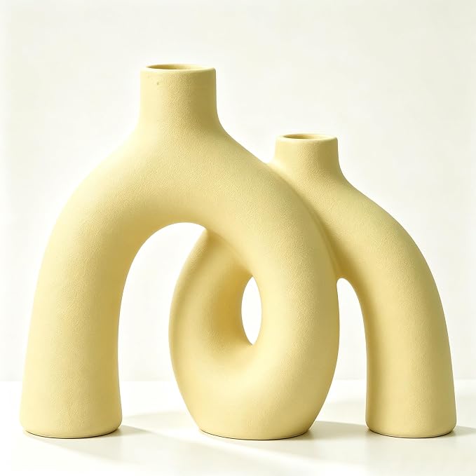 Hug Donut Decorative Vase Set - Beige Vase, Modern Nordic Boho Style Vases Home Decor, Matte Ceramic Decorations for Living Room Shelf, Bookshelf Mantle Entryway Table or Console Décor (Beige) by Jonronboci