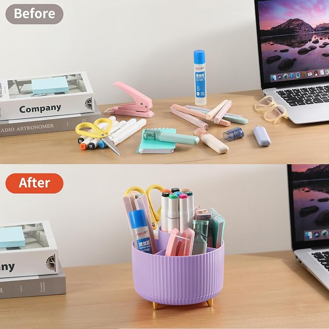 Desk Pencil Pen Holder, 5 Slots 360°Degree Rotating Pen Organizers for Desk, Desktop Storage Stationery Supplies Organizer, Cute Pencil Cup Pot for Office, School, Home, Art Supply, Purple - Image 4
