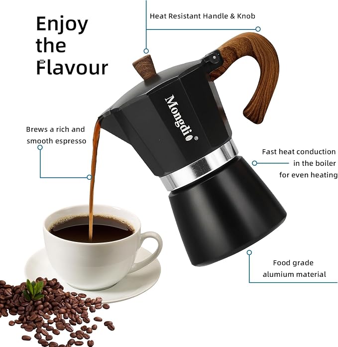 Mongdio Stovetop Espresso Maker Moka Pot, Cuban Coffee Maker Stove top coffee maker Moka Italian Espresso Greca Coffee Maker Brewer Percolator, 6 Espresso Cups, 10 oz - Black - Image 2