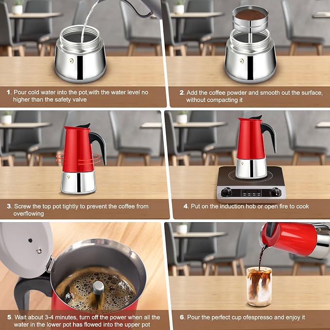 4 Cup Stovetop Espresso Maker Stainless Steel Moka Pot Stove Top Percolator Italian Coffee Makers Capable Mocha Greca Machine Cafe Classic Induction Cookers for Home and Camping 200ml 6.6oz - Image 9
