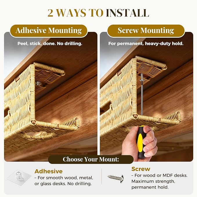 Handmade Rattan Under Desk Cable Management Tray 2 Pack, Natural | Easy Install with Adhesive or Screws, 33"Cord Organizer with 5M Cable Ties for Office Home, Effortless Wire Management - Image 5