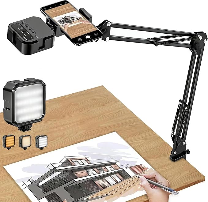 Overhead Phone Mount, Articulating Arm Cell Phone Holder with LED Light, Flexible Phone Stand for Live Streaming, Video Recording, Painting Lighting, Cooking by LJINGE