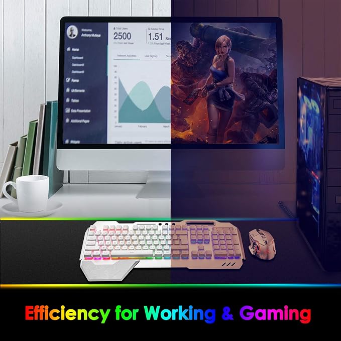 Wireless Gaming Keyboard and Mouse,RGB Backlit Rechargeable Keyboard Mouse with 5000mAh Battery Metal Panel,Removable Hand Rest Mechanical Feel Keyboard and 7 Color Gaming Mute Mouse for PC Gamers - Image 6