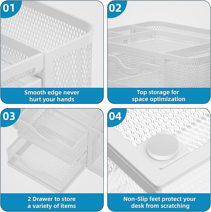 Marbrasse Mesh Desk Organizer, Pen Organizer with 2 Drawer, Multi-Functional Pencil Holder, Desk Organizers and Accessories with 5 Compartments + Drawer for Office Art Supplies (White) - Image 6
