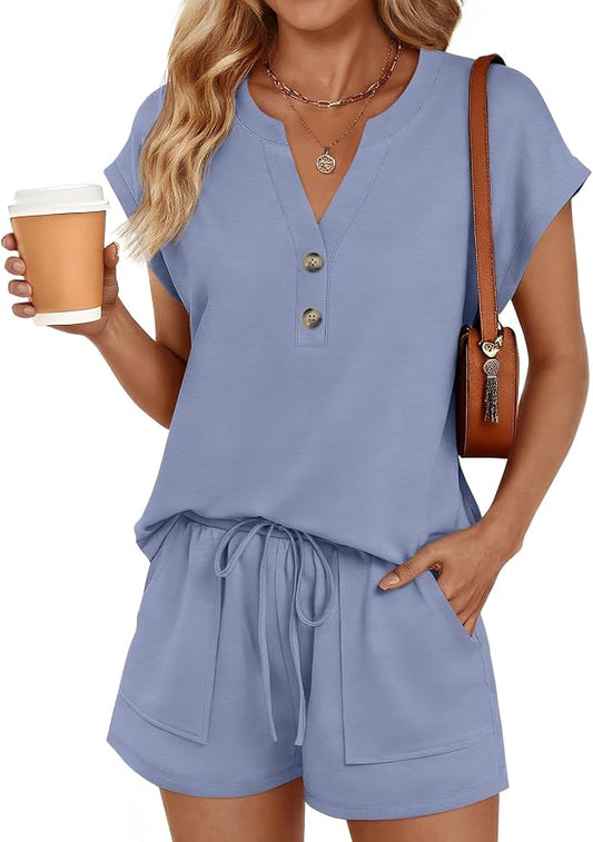 LILLUSORY 2 Piece Summer Set 2026 Henley Top & Drawstring Shorts with Pockets by Lillusory