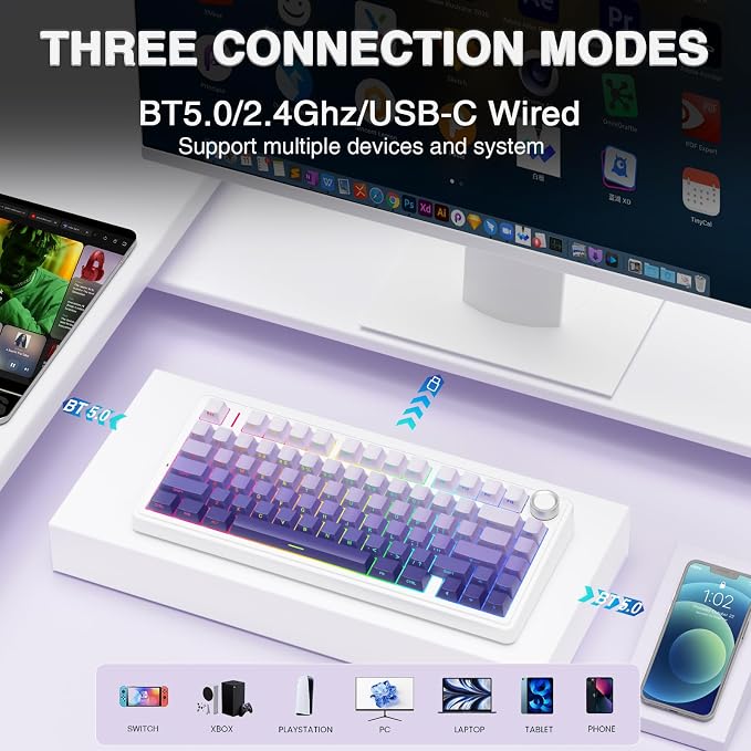 AULA F75 Pro Wireless Mechanical Keyboard,75% Hot Swappable Custom Keyboard,RGB Backlit,Pre-lubed Linear Switches,Side Printed PBT Keycaps Mechanical Gaming Keyboards,Gradient Purple - Image 3
