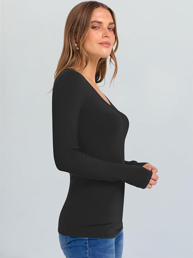 ANRABESS Long Sleeve V Neck Shirts for Women | Soft Comfy Ribbed Knit Fitted Tshirts, Casual Going Out Tops, 2026 Trendy Basic, Fall Winter Underscrub Layering Clothes - Image 3