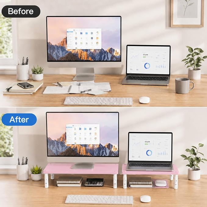 OPNICE Adjustable Computer Monitor Stand Riser for Desk, Desk Organizer & Office Decor for Women, Laptop Stand, Office Desk Accessories & Workspace Organizers for Home Office, Pink Wood - Image 7