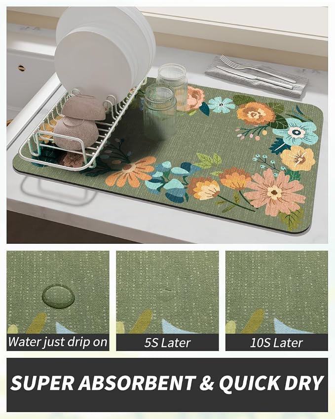 AMOAMI Coffee Mat Hide Stain Rubber Backed Absorbent Dish Drying Mat for Kitchen Counter - Fits Under Coffee Maker - Floral GREEN 12X19 - Image 2