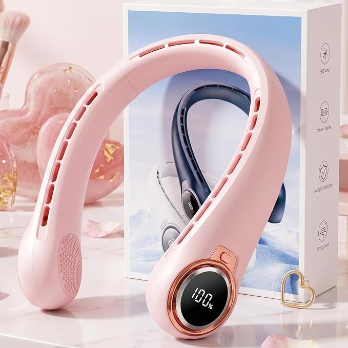 BNBZ Portable Neck Fan, 6000mAh Rechargeable Fan Blows Cold Air with LED Display, 4 Speeds, 20H Runtime, Quiet Wearable 360° Personal Cooling Fan for Outdoor Travel Work Gym,Fireplace Fans-Pink by BNBZPortableNeckFan