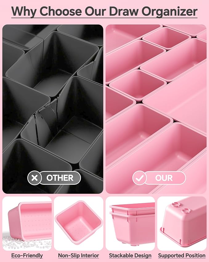 KEMETHY 25 PCS Plastic Drawer Organizers Set, 4 Sizes Vanity Organizer | Makeup and Desk Drawer Organizer Trays, Organization and Storage for Makeup, Bathroom, Kitchen Utensils and Office (Pink) - Image 5