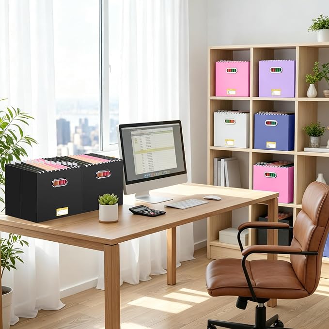 BALEINE File Organizer Box, Cardboard File Folder Organizer with Handle for Letter Size, Portable Collapsible Hanging Filing Box for Home Office Document Storage (2 Pack, Large Black) - Image 2