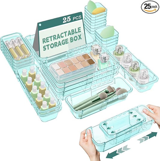 25 Pcs Clear Drawer Organizer, Adjustable Drawer Storage Box, 3-Size Desk Drawer Organizer, Acrylic Storage Bins for Makeup, Kitchen Utensils, Bedroom Dressers Tool Organizer for Gadgets, Blue by Hiitytin