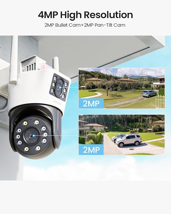 ZOSI C298 4MP Dual-Lens(2MP+2MP) Wired WiFi PT Plug-in Security Camera Outdoor, 360 View Pan/Tilt Camera, Human/Vehicle Detect, Color Night Vision, Spotlight Siren,Two-Way Talk, Memory Card Storage - Image 2