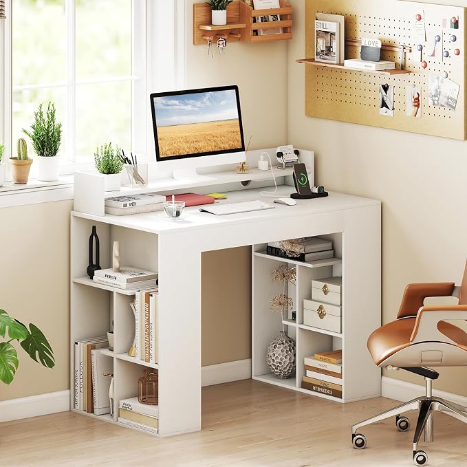 Giantex White Desk with Storage Shelves, 43" Home Office Computer Desk with Charging Station, Dual 3 Tier Bookshelf & Monitor Stand, PC Table Workstation, Modern Study Writing Desk for Bedroom, Dorm - Image 2