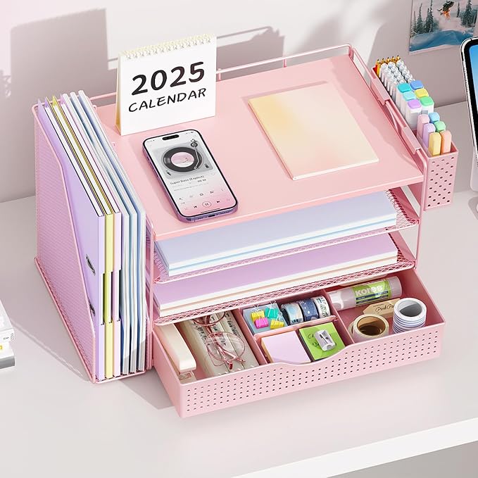 gianotter Wood Desk Organizers and Accessories with File Holder, 4-Tier Desk Accessories & Workspace Organizers with Drawer and Pen Holder, Desk Reference Organizer (Pink, 4T with Drawer) - Image 6