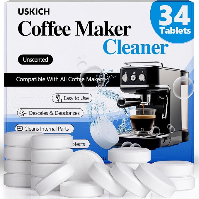 Coffee Machine Cleaner Descaler Tablets 34 Pack, Coffee Maker Cleaner for Keurig, Ninja, Breville, Delonghi, Nespresso, Miele,Espresso Machine Cleaning Tabs,Descaling Solution for Coffee Pot Maker by USKICH