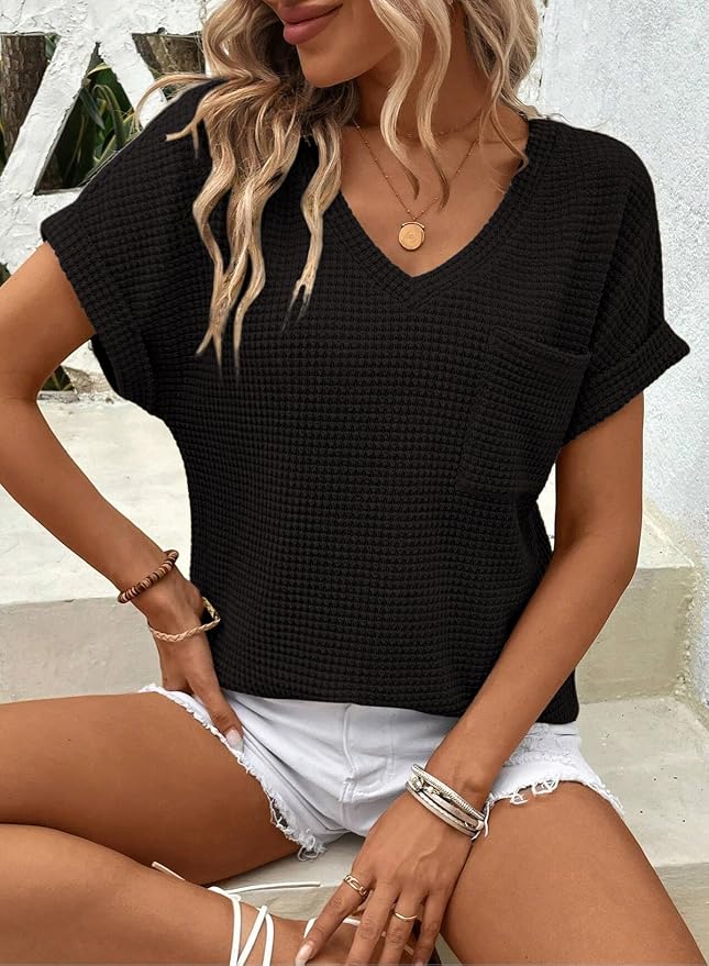 Dokotoo Womens Waffle Knit Tops 2026 Spring Summer V Neck Shirts Casual Trendy Women's Blouses Basic Tee - Image 3