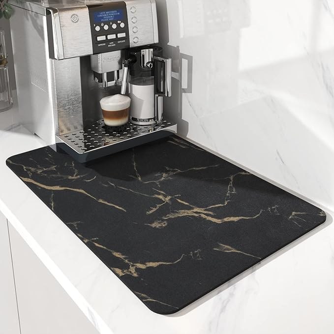 AMOAMI-Coffee Mat Hide Stain Rubber Backed Absorbent Dish Drying Mat for Kitchen Counter-Coffee Bar Accessories Fit Under Coffee Maker, Espresso Machine, Pot, Dish Rack Black&Gold by AMOAMI