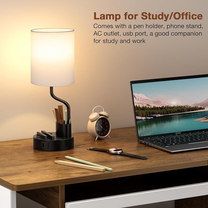 Fenmzee Bedside Lamps for Bedroom Set of 2 - Table Desk Lamp for Nightstand | 15" Table Lamp for Living Room with Pen Holder & Phone Stand, USB A+C Port, AC Outlet, 3 Color Temperature, LED Bulb Included - Image 7