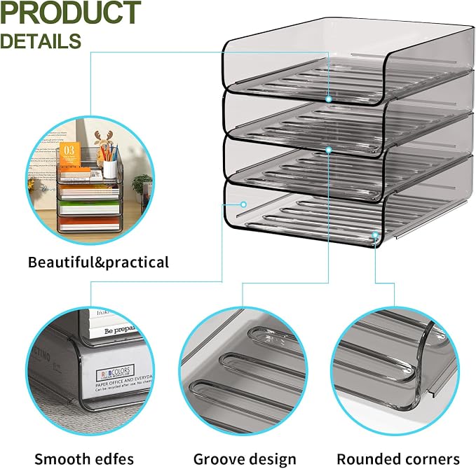 FANXIYQ 4-Tier Acrylic Paper Tray Organizer, Brown Office Paper Organizer | Stackable, Tool-Free Design with 2-4 Tiers for A4 Paper, Files, Books and Mail; Ideal for School, Home Office and Study Room - Image 8