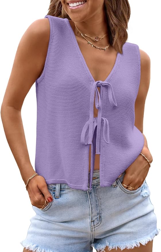 LILLUSORY Womens Tie Front Tops Vacation Sweater Vest | Bohemian Style, Beach Resort Wear, Concert Western Outfits, Crochet Tops, Vacation Outfits, Cute Y2k Sleeveless 2026 by Lillusory