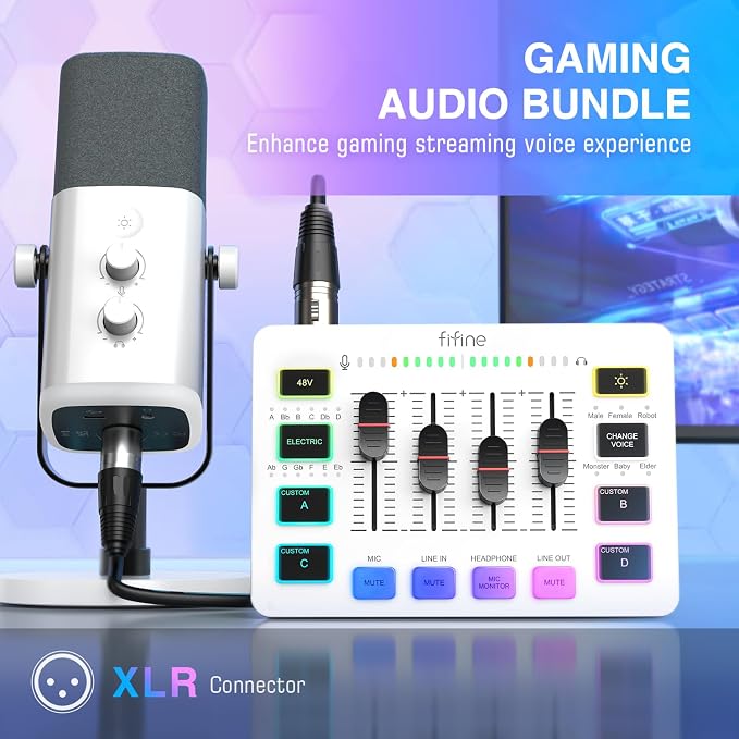FIFINE Gaming Equipment Bundle, XLR/USB Streaming Dynamic Microphone with Audio Mixer Set, Podcast Recording Mic with Gain Knob, PC Mixer with Slider Fader Kit for Video, Game Voice-Ampligame KS5W - Image 2