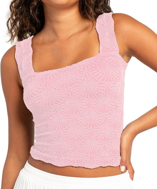 Women's Square Neck Wide Strap Crop Tank Tops Flower Going Out Tops Slim Fit Lettuce Trim Crop Cami Tops by NiceYourLife