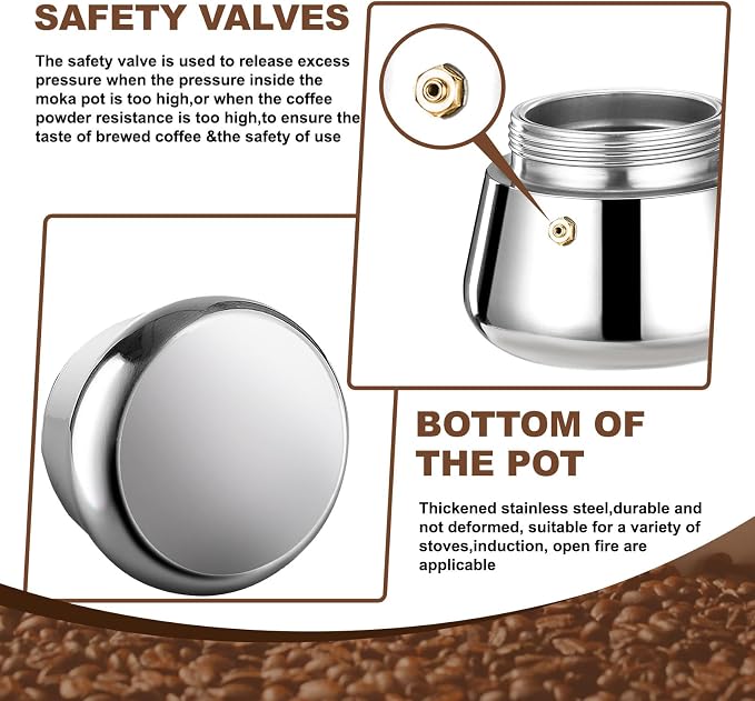 6 Cup Stovetop Espresso Maker Stainless Steel Moka Pot Stove Top Percolator Italian Coffee Makers Capable Mocha Greca Machine Cafe Classic Induction Cookers for Home and Camping 300ml 10oz - Image 8