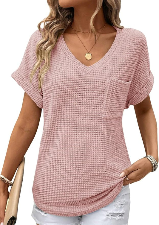 Dokotoo Womens Waffle Knit Tops 2026 Spring Summer V Neck Shirts Casual Trendy Women's Blouses Basic Tee by Dokotoo