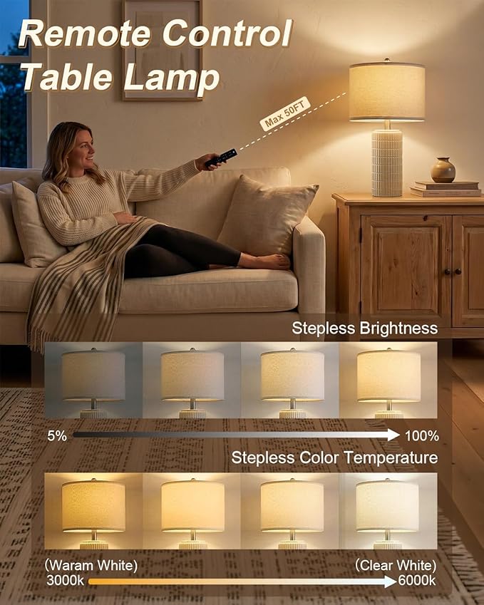 PoKat 23'' Dimmable Table Lamps with Remote for Living Room, Modern Stepless Adjustable Bedside Lamps Set of 2 for Bedroom, Nightstand Lamps for Office Nursery Desk Console Kids, White (No Battery) - Image 2