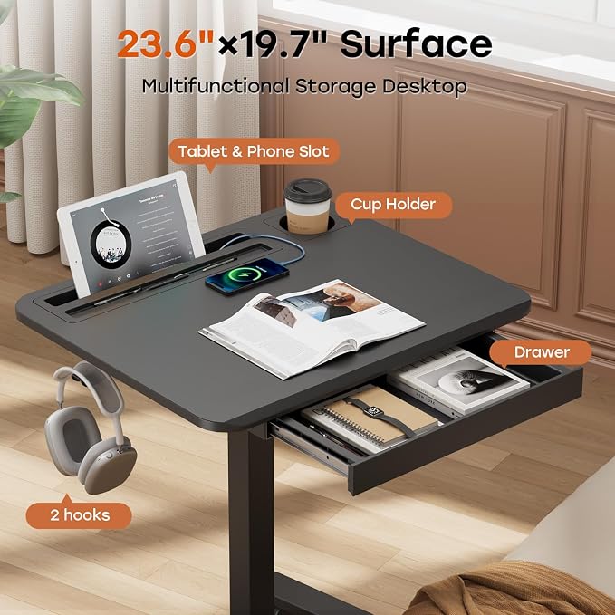 Small Mobile Standing Desk with Drawer, 23.6" x 19.7" Top | Height Adjustable Rolling Teacher Desk with Cup Holder and Hooks, Portable Workstation on Wheels for Classroom & Study, Black - Image 3