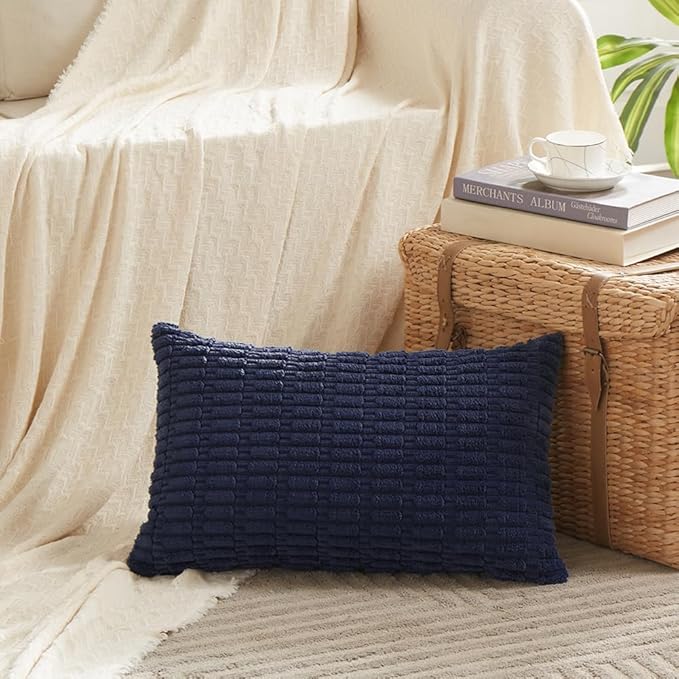 Fancy Homi 4 Packs Navy Blue Decorative Throw Pillow Covers 12x24 Inch for Living Room Couch Bed Sofa, Rustic Modern Farmhouse Boho Home Decor, Soft Plush Corduroy Cute Square Cushion Case 30x60 cm - Image 2