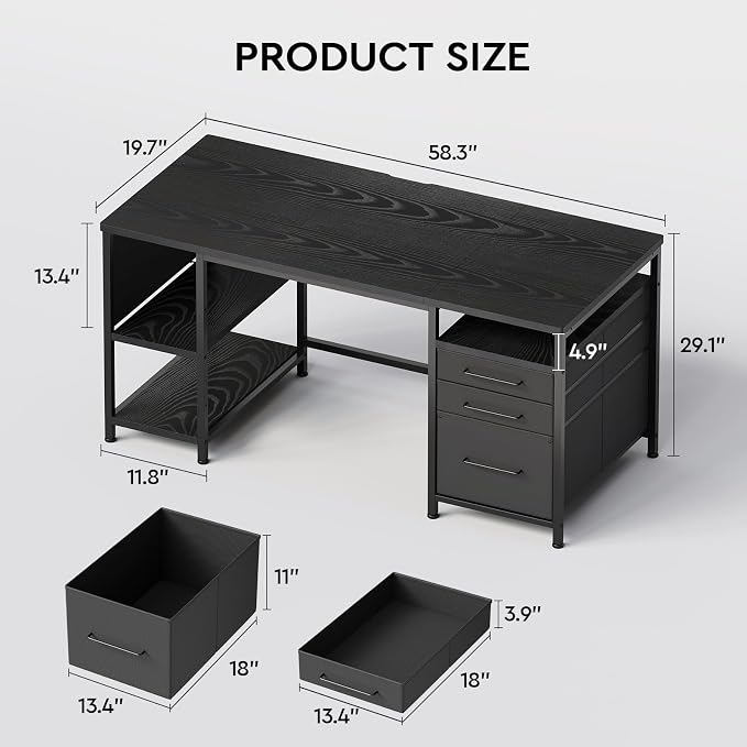 Maihail Small Desk with Drawers, Office Desk with Storage Shelves, Black | 59 Inch Desktop, Metal Frame, 3 Fabric Drawers, Storage Shelves, Computer & Writing Desk, Office Gaming Workstation - Image 6