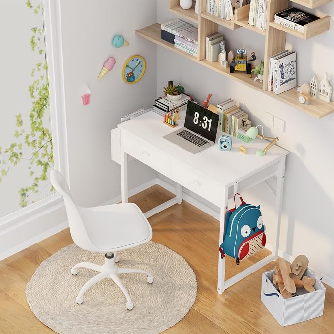 Lufeiya Small White Kids Desk with Drawers for Bedroom, 32 Inch Home Office Desks with Fabric Storage Drawer and Bag, Study Writing Vanity Table for Small Spaces, White - Image 2