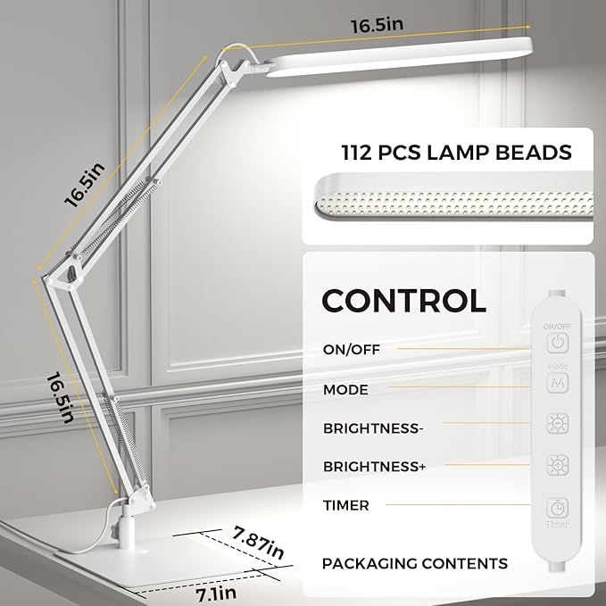 SKYLEO LED Desk Lamp with Slim Base - Adjustable Swing Arm Desk Light, Dimmable, Timer, Eye Protection, Memory Function, 1300LM, 12W, White - Image 3