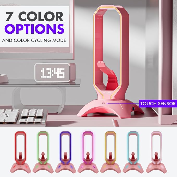 Tilted Nation Cute Headphone Stand Pink | Headset Stand with RGB, Mouse Bungee Holder, and 2 Port USB Hub Charger - Desk Gaming Accessories - Image 4
