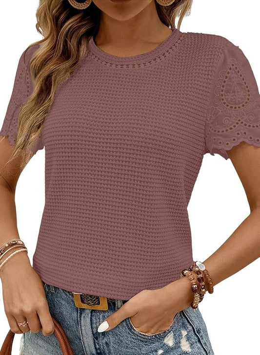 SHEWIN Womens Frenchy Summer Tops Crewneck Short Sleeve T Shirts Casual Waffle Knit Jacquard Blouses Top Shirts by SHEWINBeYourFashionStylist