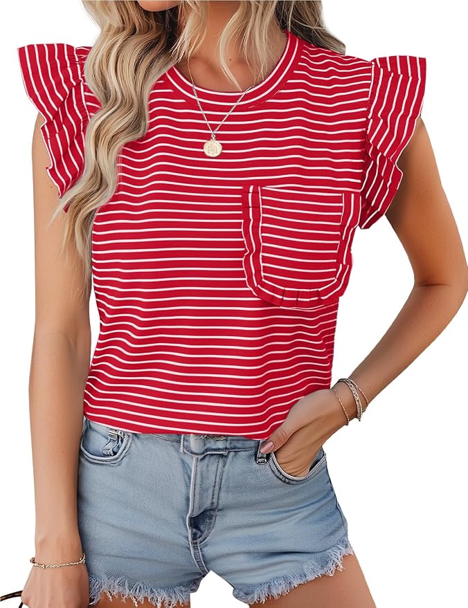 JUSTFASHIONNOW Womens Summer Tops Striped T-Shirts 2026 Ruffle Short Sleeve Crew Neck Casual Blouses with Pocket - Image 2