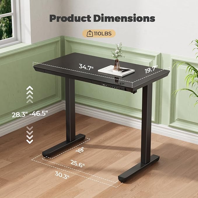 35" Electric Standing Desk with Drawer, One-Piece Glass Top | Quick Install One-Piece Tabletop with USB Charging Ports, Sit Stand Computer Desk with Wheels for Small Space, Black - Image 2