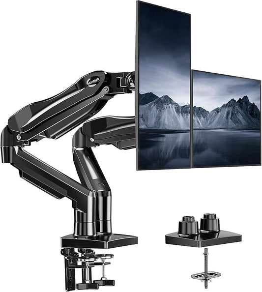 HUANUO Dual Monitor Stand, Fully Adjustable Gaming Monitor Desk Mount for 13–27″ Computer Screens, Full Motion VESA 75x75/100x100 with C-Clamp & Grommet Base, Each Arm Holds 4.4 to 19.8 lbs by HUANUO