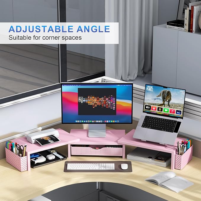 gianotter Dual Monitor Stand Riser, Desk Organizer With Drawer and 2 Pen Holders,Desk Organizers and Accessories, Pink Office Supplies (Pink) - Image 3